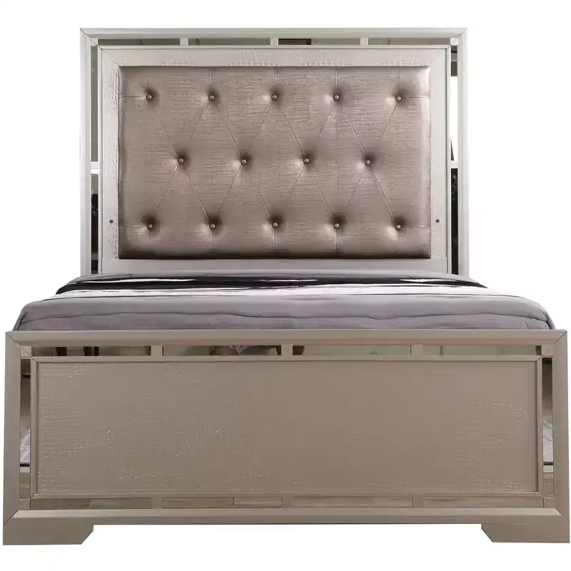 Alana Panel Bed - Tufted Headboard, Mirror Accents, Croc Finish