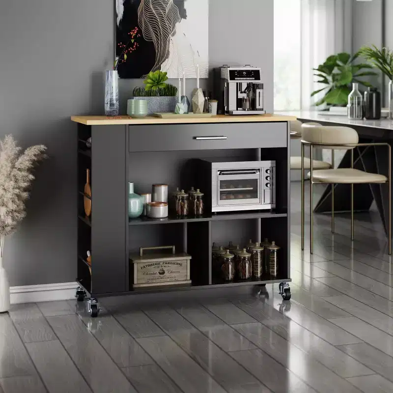 Celebalcony Rolling Kitchen Island with Storage Cabinet. Include 3 Tier Spice Rack, Lockable Wheels & Towel Handle, 2 Tier Open Shelf for Kitchen