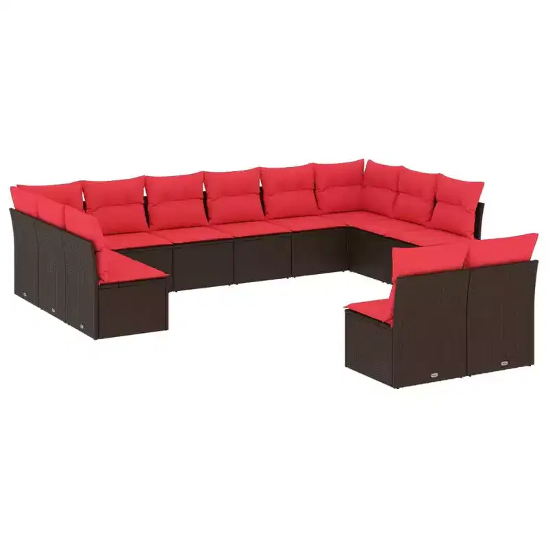 vidaXL 12 Piece Patio Sofa Set with Cushions Brown Poly Rattan - Brown and Red Without Table