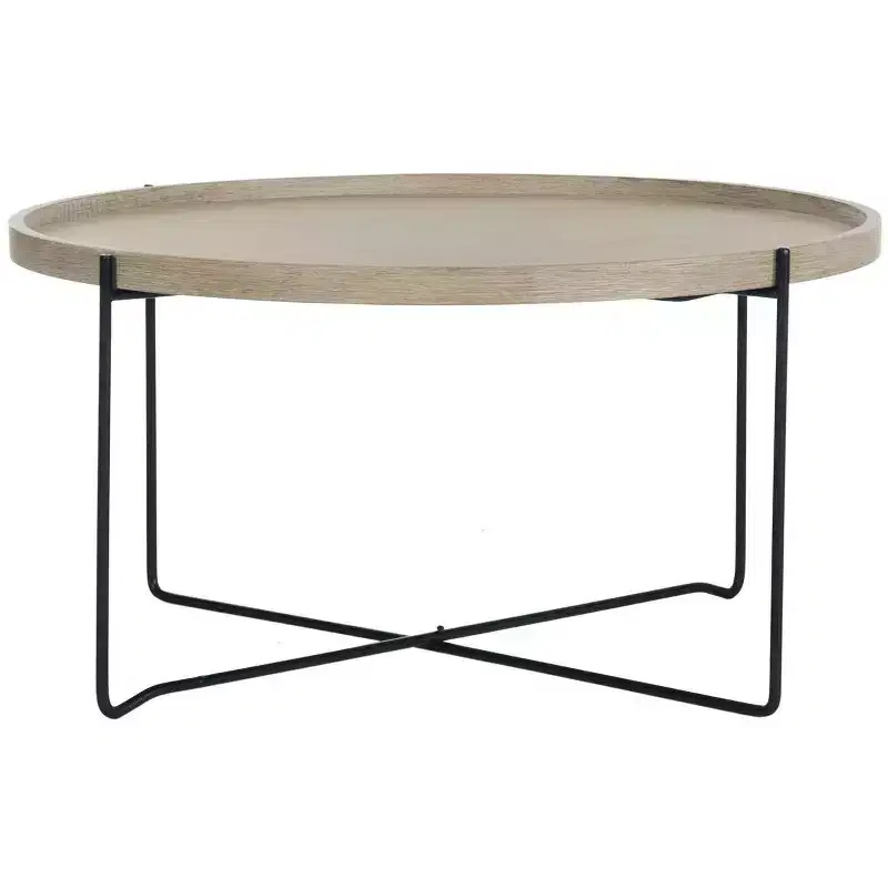 Round Accent Table - Beige Top, Black Iron Legs, Industrial Style