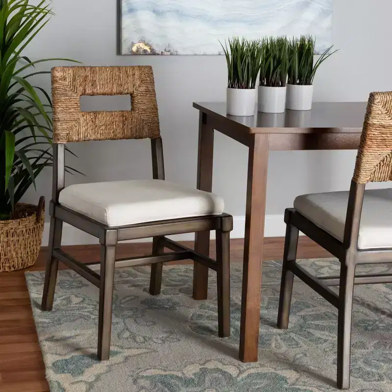 Bohemian Mahogany Wood and Rattan Dining Chair, White/Natural Brown/Walnut Brown