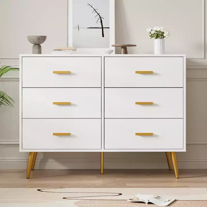 Modern 6 Drawer Wood Dresser with Gold Tone Handles for Bedroom Living Room