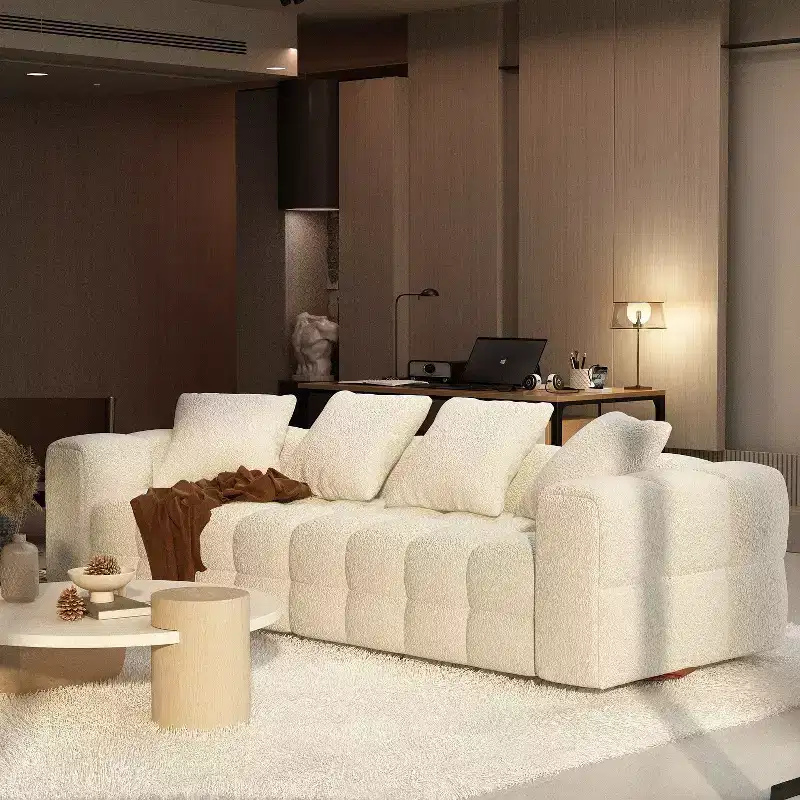 100.8W Modern 4-Seat White Teddy Velvet Sofa with Solid Wood Base