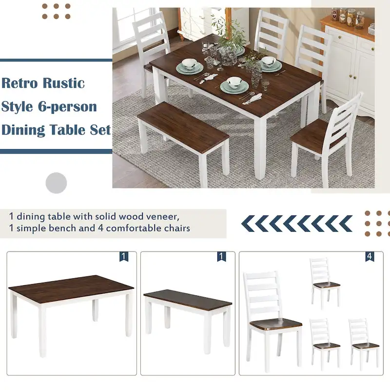 Walnut 6-Piece Wooden Dining Table Set with 4 Ergonomic Chairs & Bench