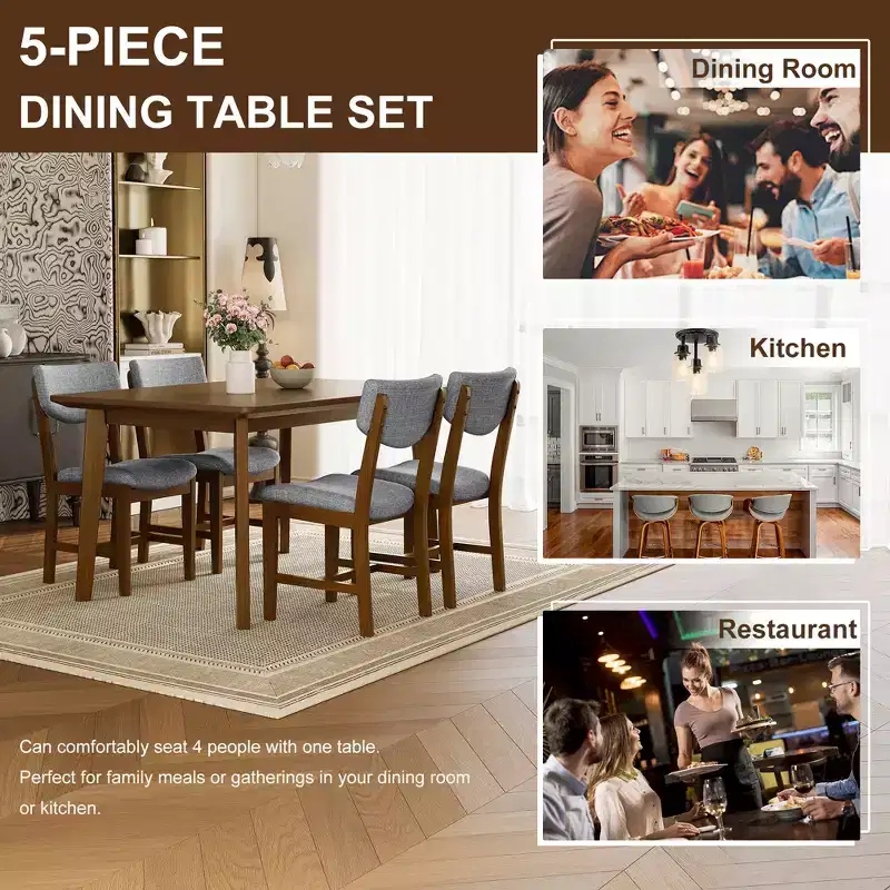 5-Piece Rustic Dining Set with Wood Table and 4 Upholstered Chairs in Espresso