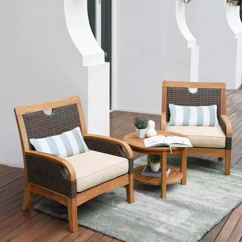 Sonoma Lane Stafford 3pc Teak Outdoor Chat Set – Weather-Resistant with Taupe Zippered Cushions and Side Table