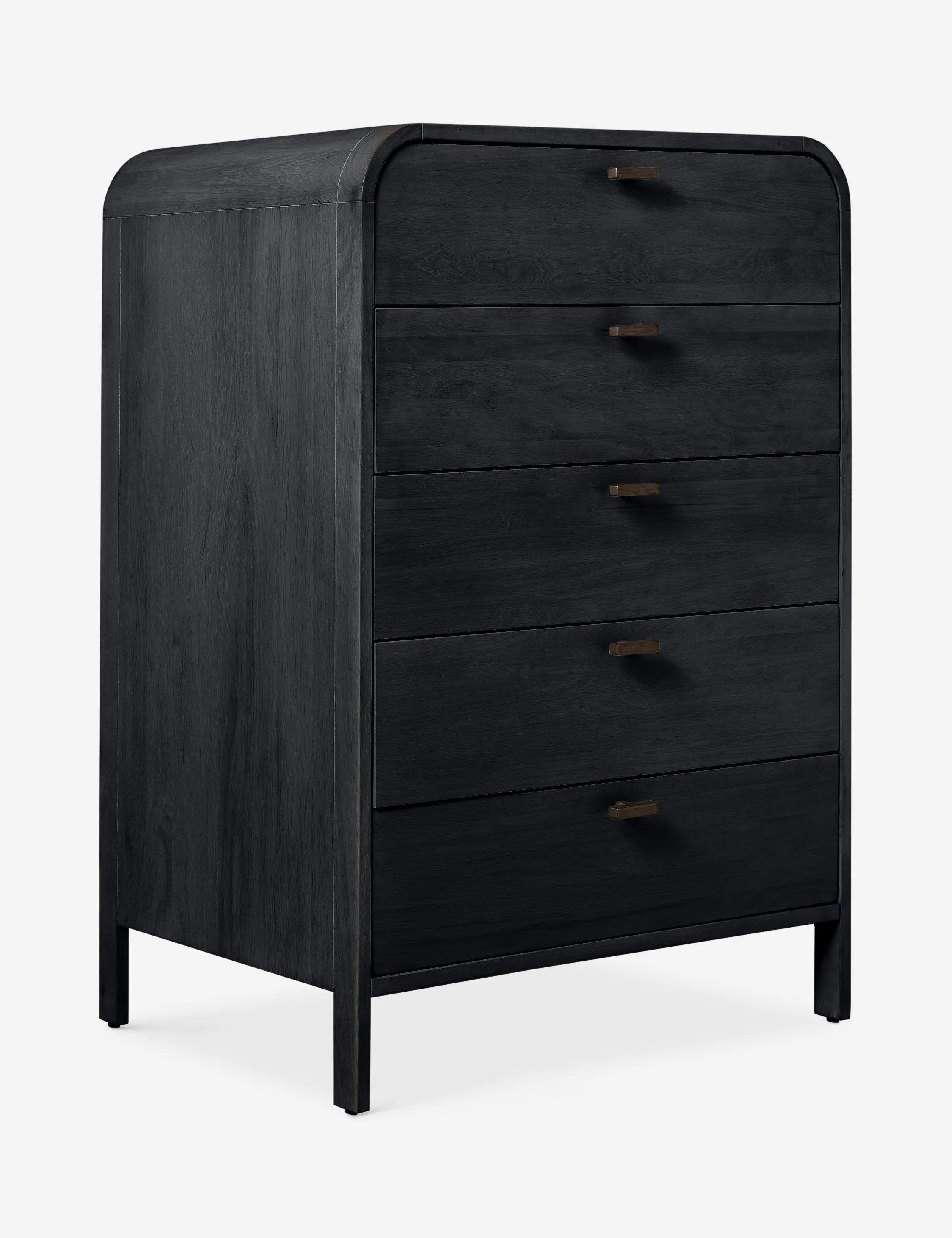 Dresser The refined finish of this tall dresser complements the arched corners of its undersd design. It is fitted with sk iron pulls and five