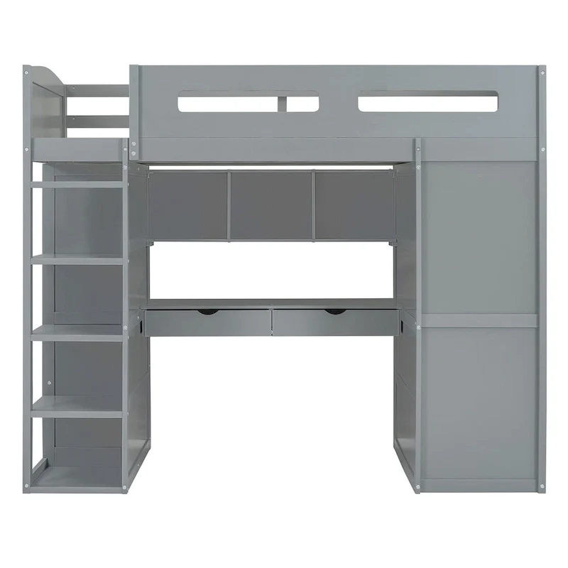 Loft Bed with Desk, Wardrobes, 4 Drawers and 4 Shelves
