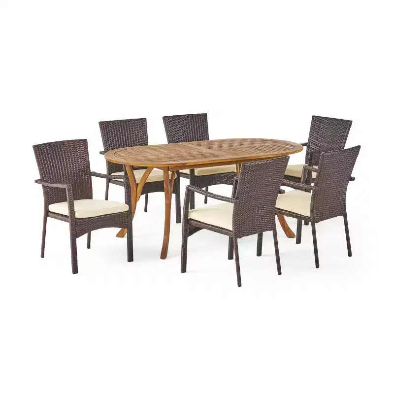 Christopher Knight Home Klondike Outdoor Acacia Wood and Wicker 7 Piece Dining Set with Cushions