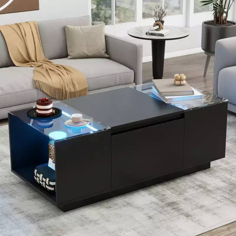 Modern Coffee Table with LED Lights, Rectangle Center Table with Storage, Coffee Table with Drawers for Living Room