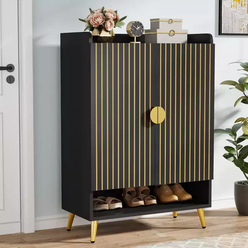 Lantine 7-Tier Black Wooden Shoe Cabinet with Doors and Adjustable Shelves, ideal for Entryway, Hallway, Closet, Living Room shoe storage.