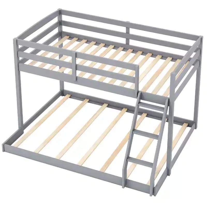 Costway Twin Over Full Bunk Bed with Integrated Ladder & Safety Guardrails Solid Wood Gray/White