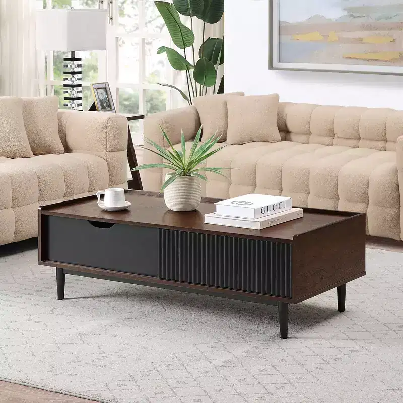 Ribbed Coffee Table with Drawer and Open Shelf – Wood