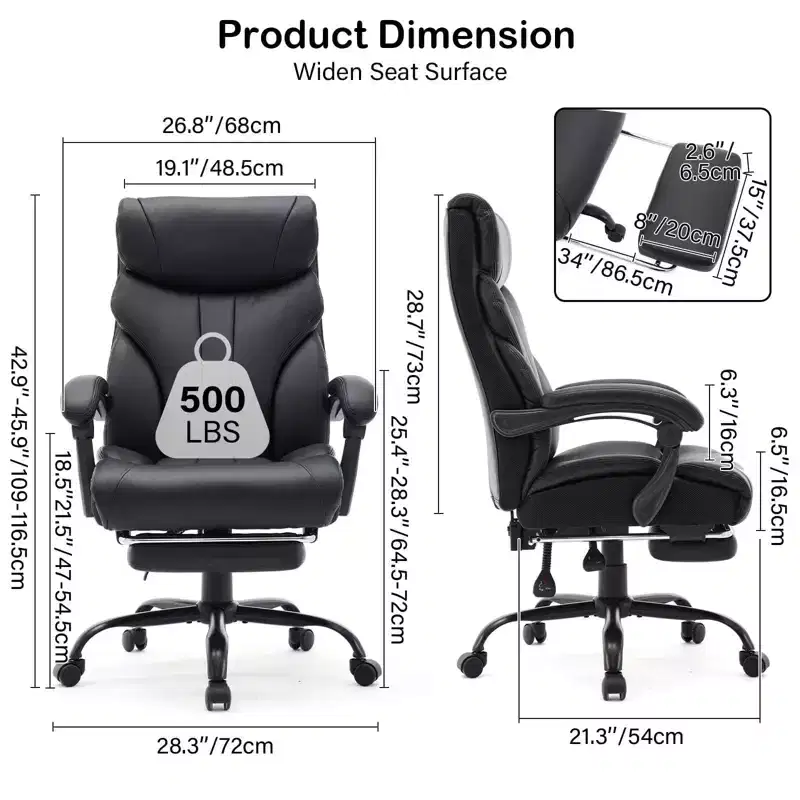 High Back Executive Office Chair - 500lb Capacity Ergonomic PU Leather Swivel Chair with Adjustable Height, Lumbar Support & Flip-Up Arms