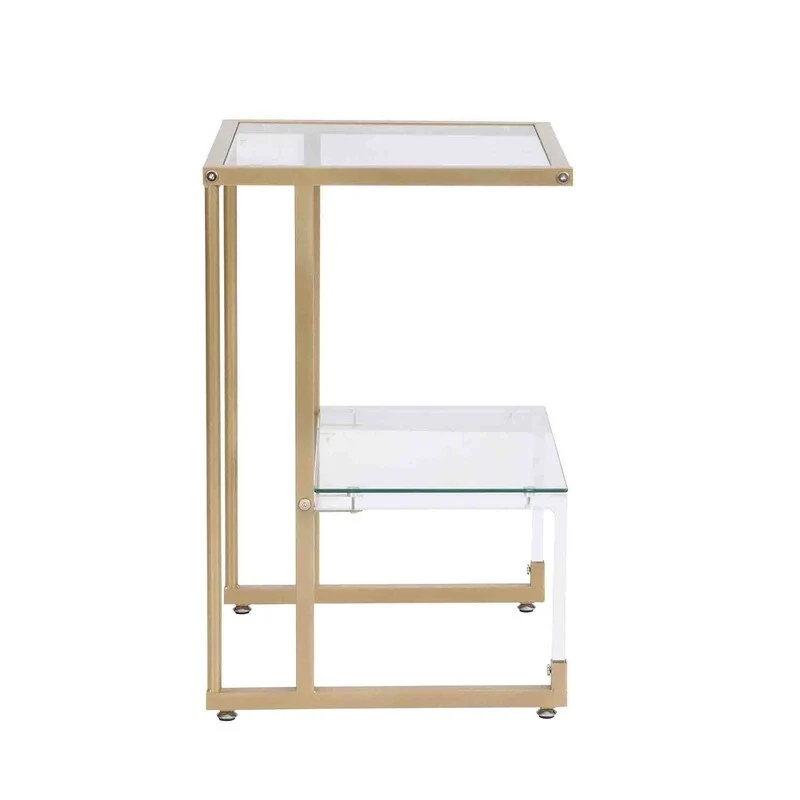 2-Tier End Table with Tempered Glass Shelves & Geometric Metal Frame
