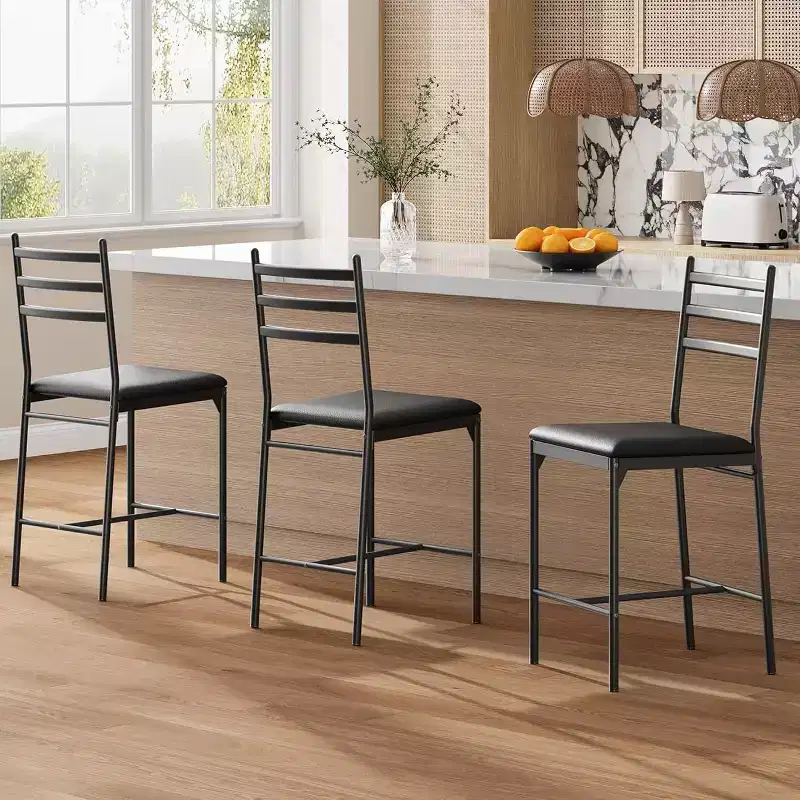 Modern Bar Stools with Backrest, Counter Height Bar Chairs with Footrest, Upholstered Metal Barstools for Kitchen Island, Dining Room