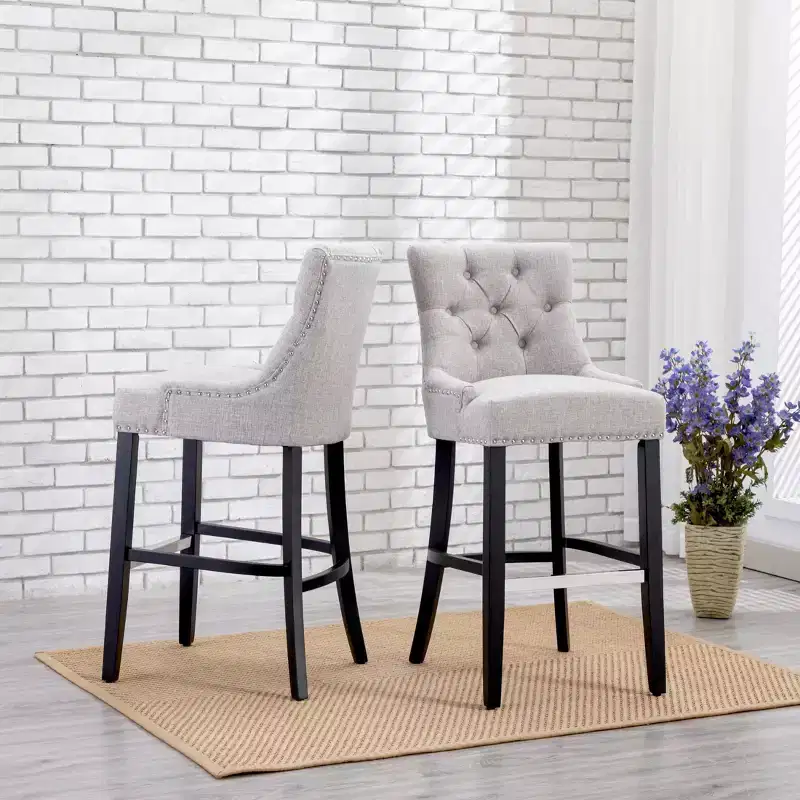 WestinTrends 29 Linen Tufted Buttons Upholstered Wingback Bar Stool (Set of 2), Light Gray