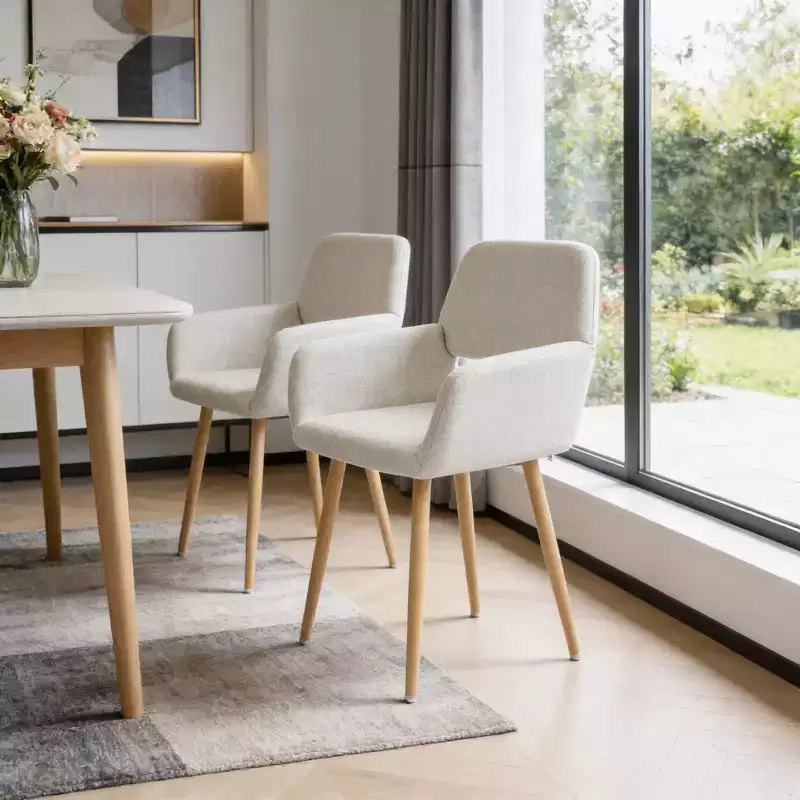 HomeRoots Set of Two Beige and Oak Fabric and Steel Dining Arm Chairs