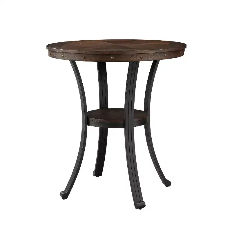 40" Angelo Bar Height Table Oak - Powell: Transitional Bronze Metal Legs, Circular Shelf
