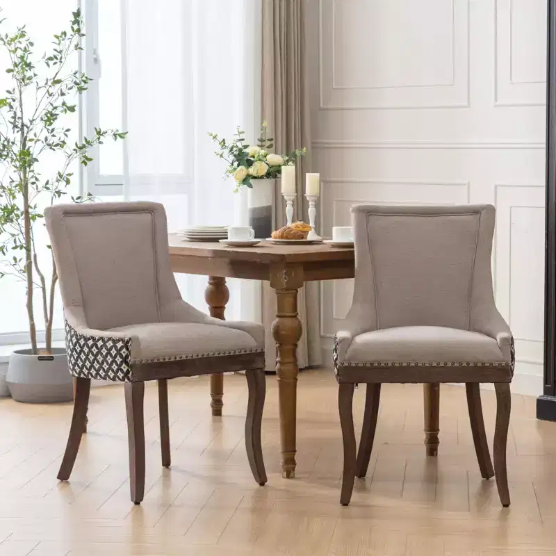 Okak Retro Dining Chairs Set of 2, Comfy Fabric Chairs with Thick Cushions, Kitchen Side Chairs with Solid Wood Legs Bronze Nail Head