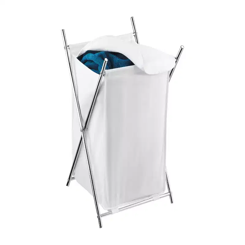 Folding Laundry Hamper Chrome, Collapsible Steel Frame, 3 cu ft, Washable Bag