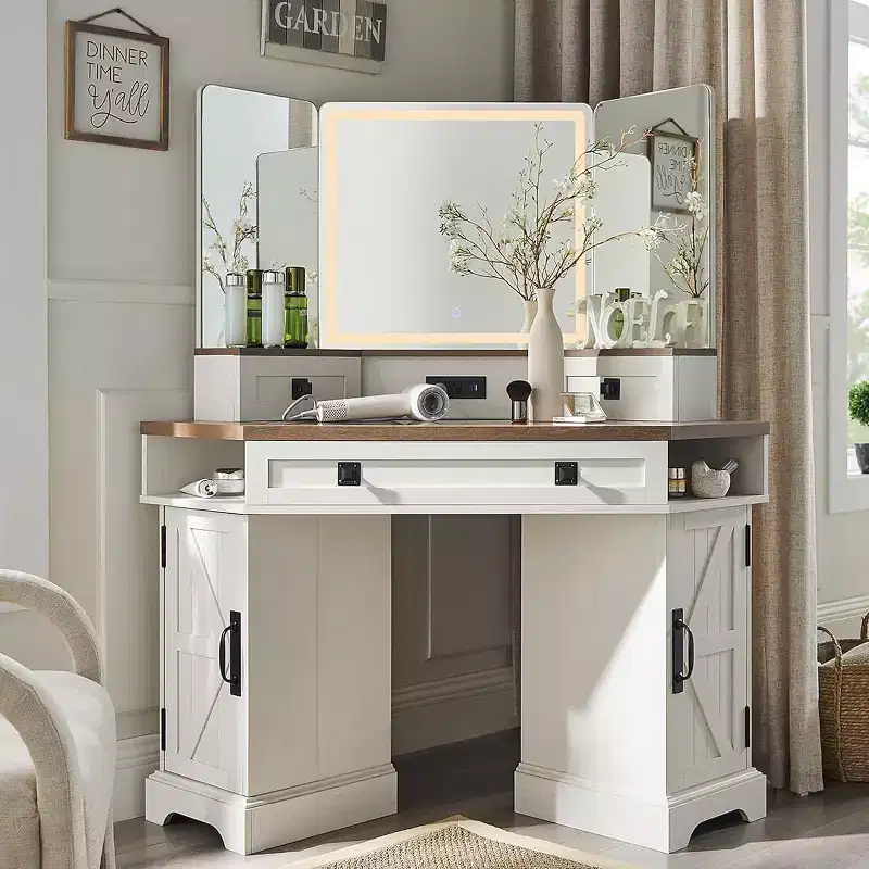 SinCiDo 48 Farmhouse Corner Vanity Desk, w/ 3 Way Mirror & Lights, Charging Station, Glass Tabletop, 3 Drawers and 2 Lockers, Bedroom Dressing Table