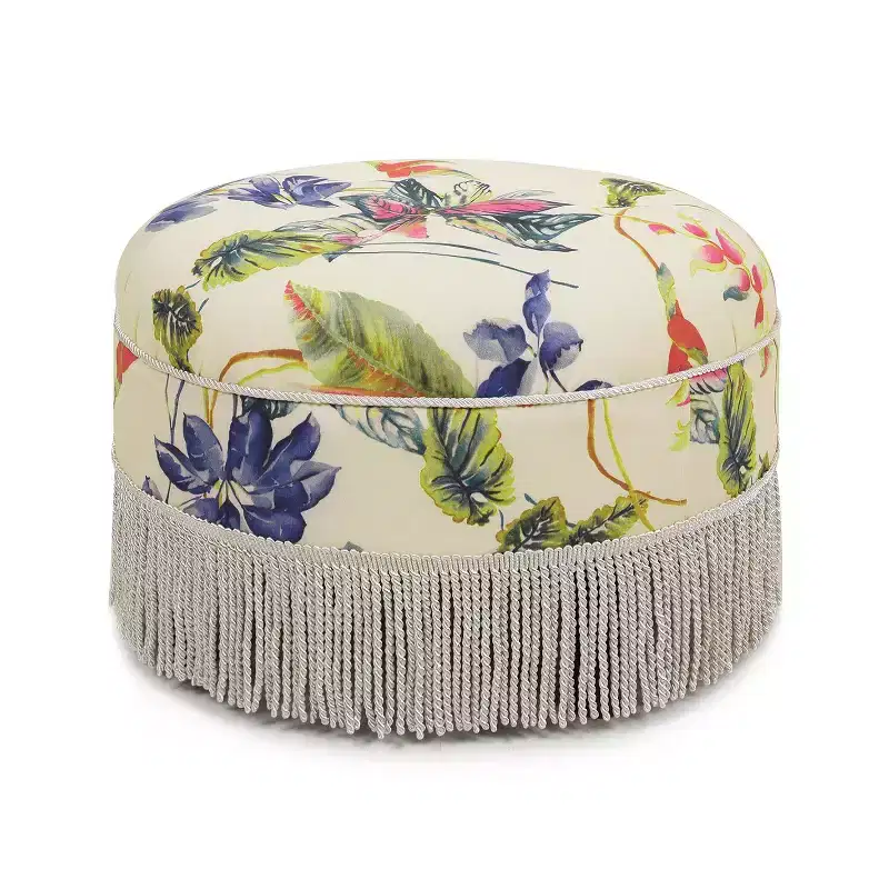 TUYOHW 24 Round Tropical Floral Accent Ottoman with Tassel Rope Bullion Fringe,Vintage Footrest Ottoman Stool for Living Room & Bedroom,Beige