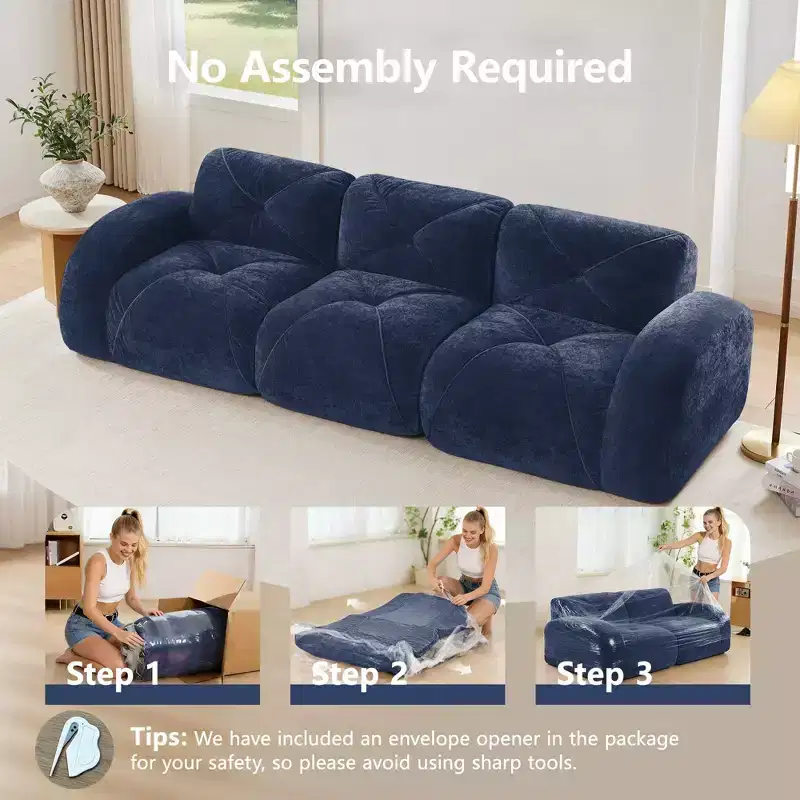 Clihome 110Boneless Sofa With Tufted,Soft Velvet Fabric,Modular Sectional Sofa,32D High Density Sponge,Anti-Slip Design,Ergonomic Design Bottom