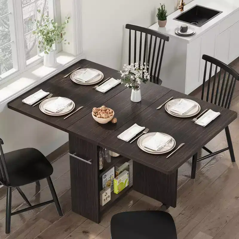 Folding Dining Table, Drop Leaf Table with 6 Wheels and 2-Tier Storage Shelf, Space-Saving Dining Table for Small Spaces
