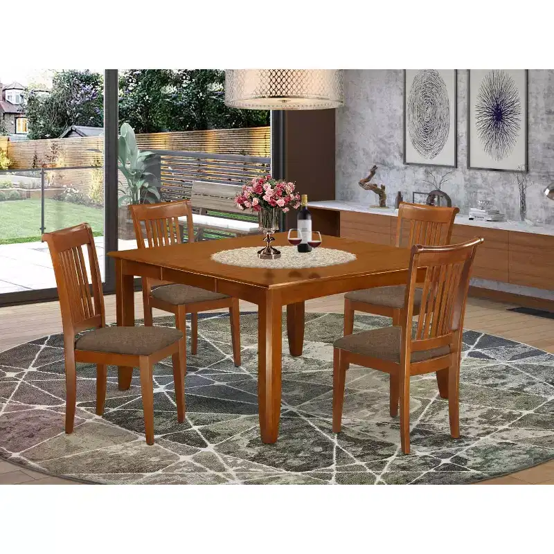 HomeStock 5-Piece Square Saddle Brown Finish Solid Wood Top Dining Table with 4 Chairs