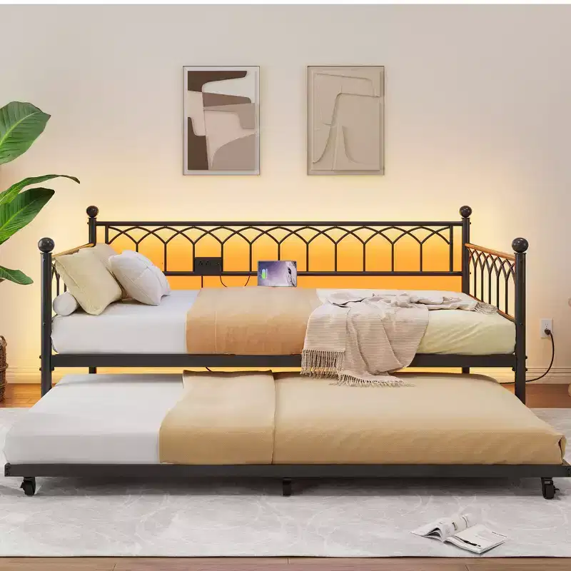 Twin Daybed with Trundle,with Charging Station & LED Lights,Metal Sofa Bed Frame with Pull Out Trundle for Living Room,Bedroom,Guest Room,Apartment