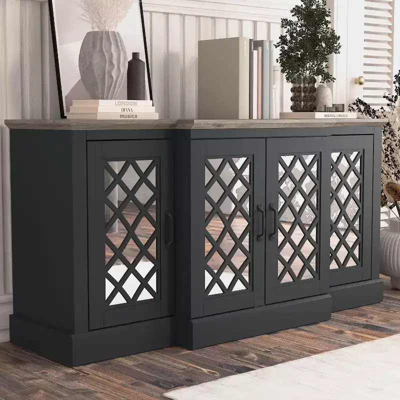 Galano 4-Door Accent Sideboard with Mirrored Cut-Out Doors 60.4 W  18.2 D  29.3 H