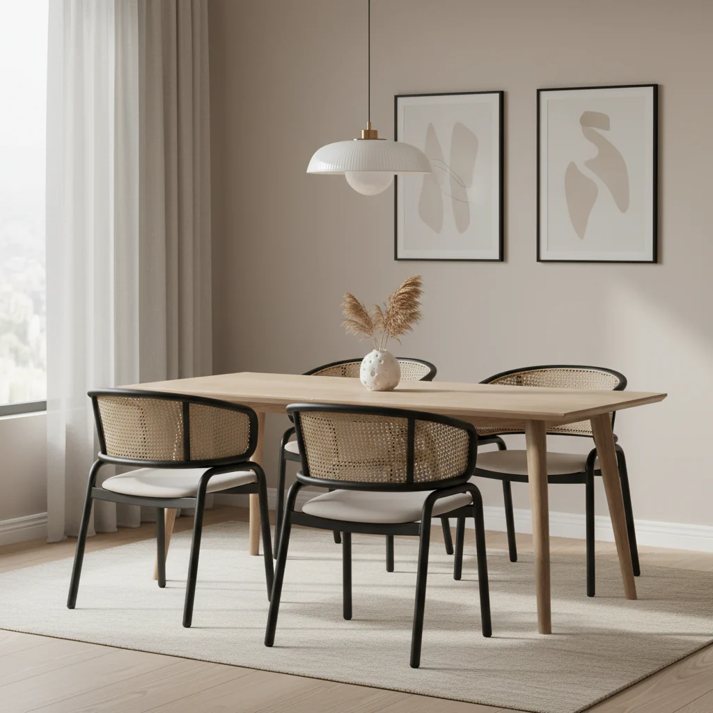Velvet Upholstered Dining Chair with Woven Rattan Back, Set of 2