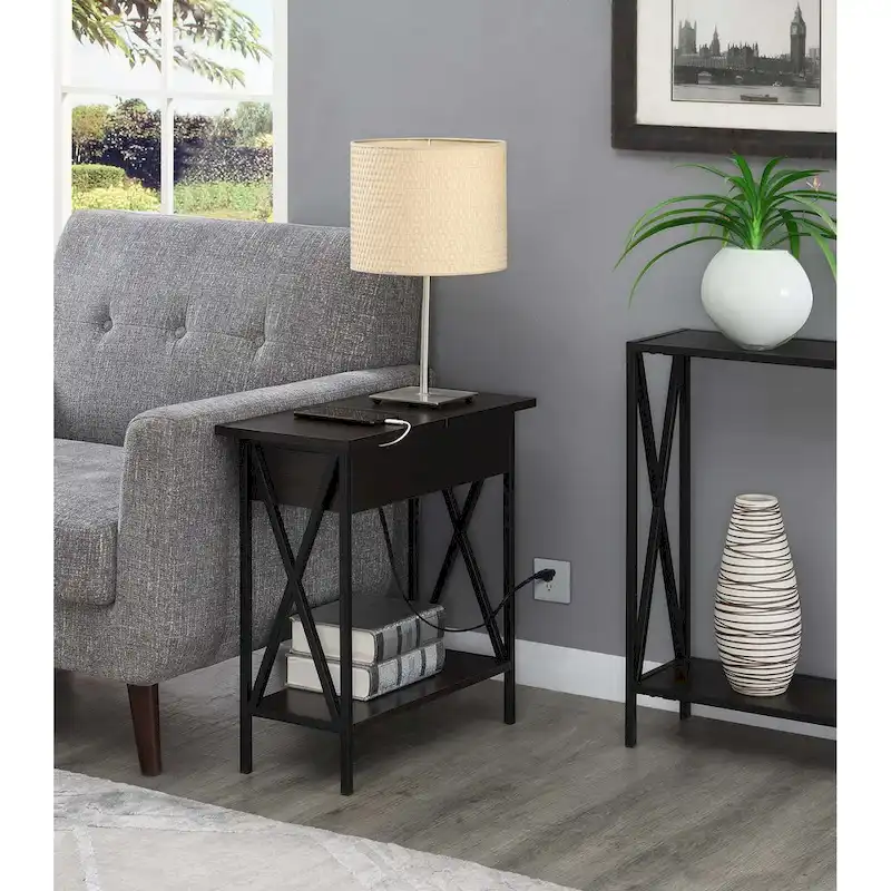Convenience Concepts Tucson Flip Top End Table with Charging Station and Shelf