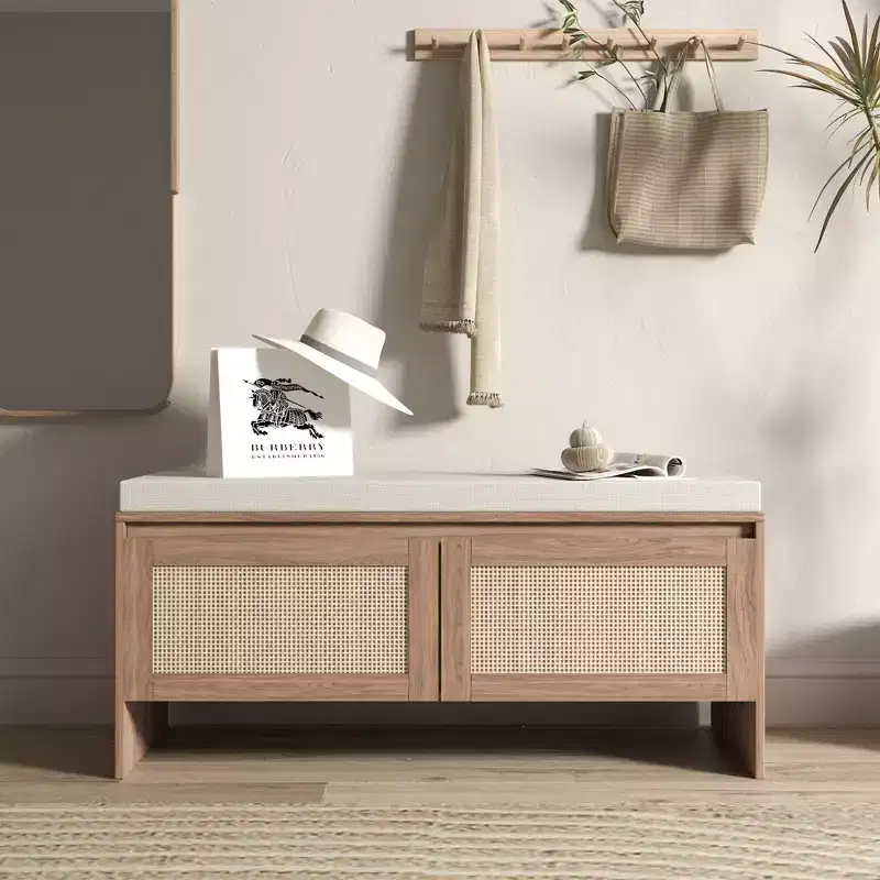 Boho Style PP Rattan Storage Shoe Bench with Cushion,Sturdy Wooden Entrayway Bench for Seating and Storage,2-Door Shoe Organizer