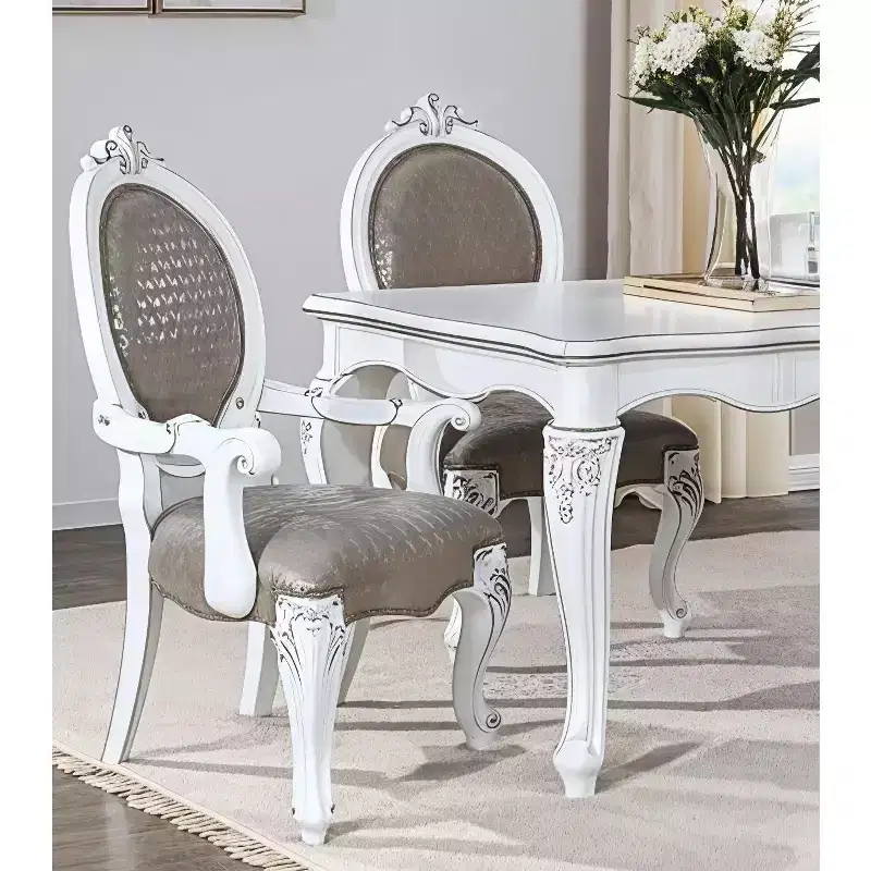 Gray & White Faux Leather King Louis Dining Arm Chair, Set of 2