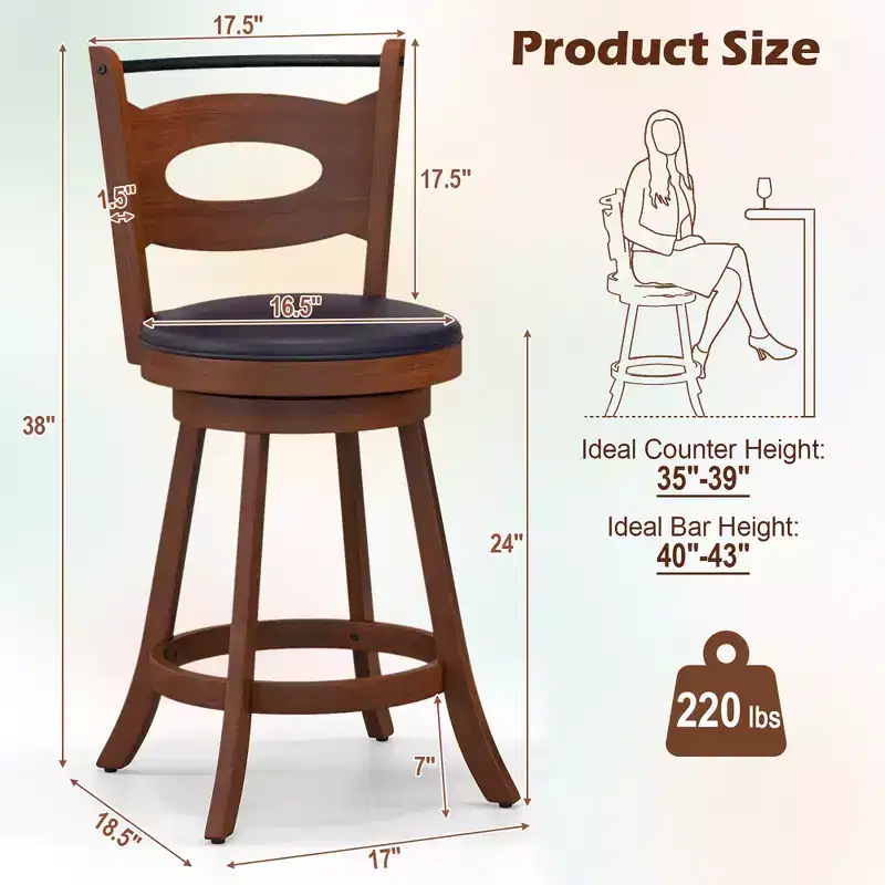 Costway Set of 2 Bar Stools 360 Swivel Dining Chairs Solid Rubber Wood Leather Padded Seat Counter Height