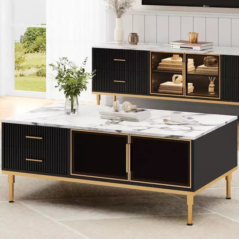 Rectangle Faux Marble Coffee Table, Wooden Fluted Cocktail Table with Drawers & Metal Legs, Modern Center Table for Living Room, Bedroom