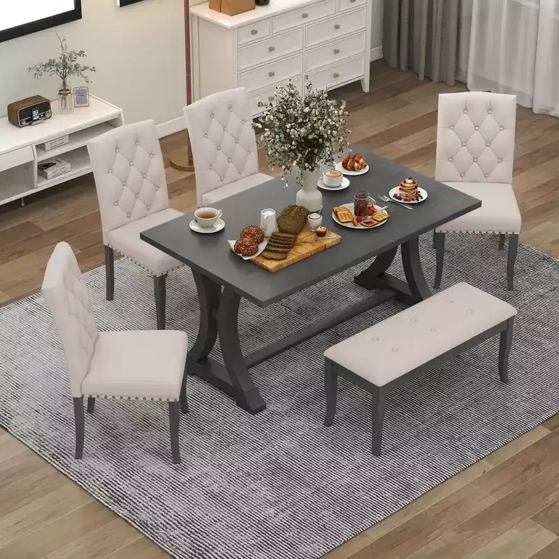 GDFStudio Thomas 6 Piece Farmhouse Dining Table Set with Upholstered Chairs and Bench