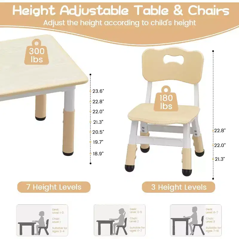Kids Table and 4 Chairs Set with Particleboard Desktop, Height Adjustable, Anti-Slip Pad, Compact Dining Set, and Durable Desktop