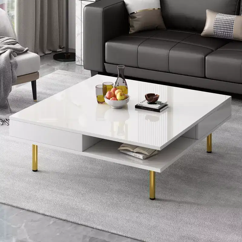 Square Coffee Table for Living Room, High Gloss Modern Center Table, White
