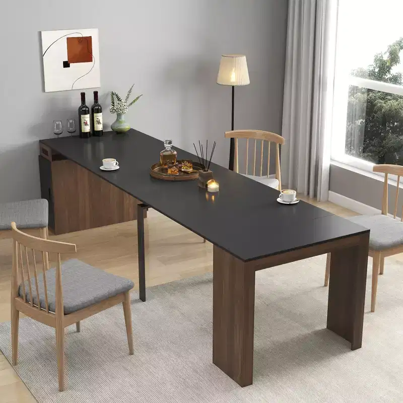 CLIHOME Modern Multifunctional Extendable Dining Table with Outlet, Space Saving Expanding Table with Storage