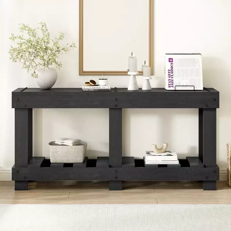 Farmhouse Console Table with Storage, Fir Solid Wood Hallway Table, Vintage Entryway Table with Shelf and Reinforced Legs