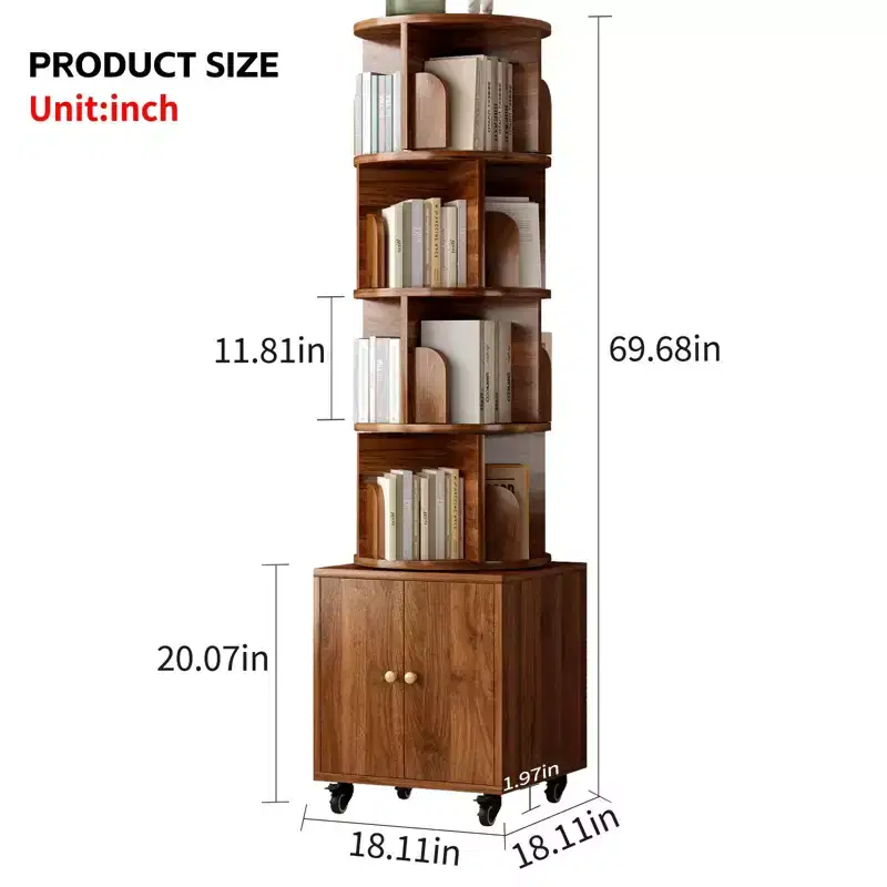 Rotating Bookshelf, 5-Tier Floor Standing Bookcase with Drawer and 360-Degree Rotation, Narrow Wood Organizer