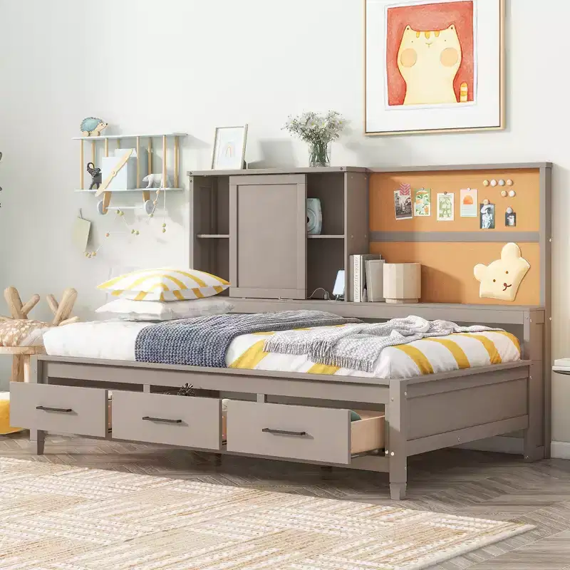 Twin Size Metal Daybed with Bookcase Headboard, Daybed with Trundle and USB Ports, Twin Captains Daybed with Storage Shelves