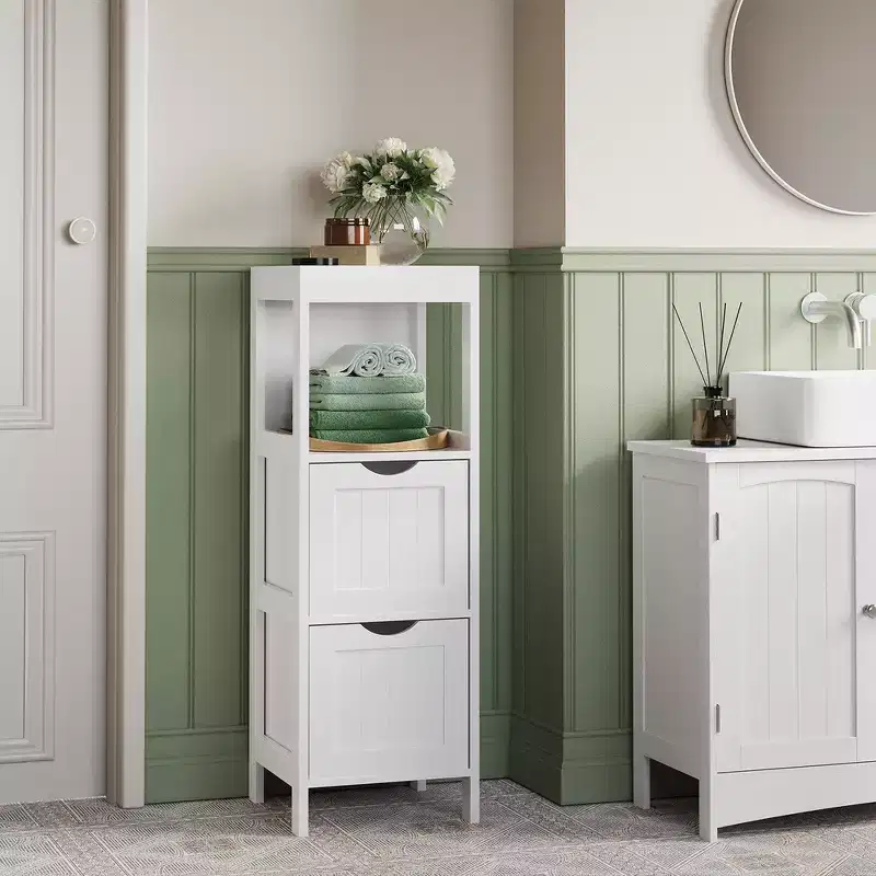 Slim Bathroom Floor Cabinet with 2 Drawers and Open Shelf - White