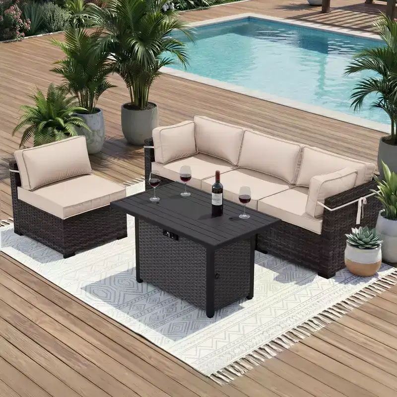 UPTIOT 5-Piece Patio Set: 2 Corner Sofas, 2 Side Chairs & Grey Fire Pit Table for Ultimate Outdoor Comfort and Entertainment