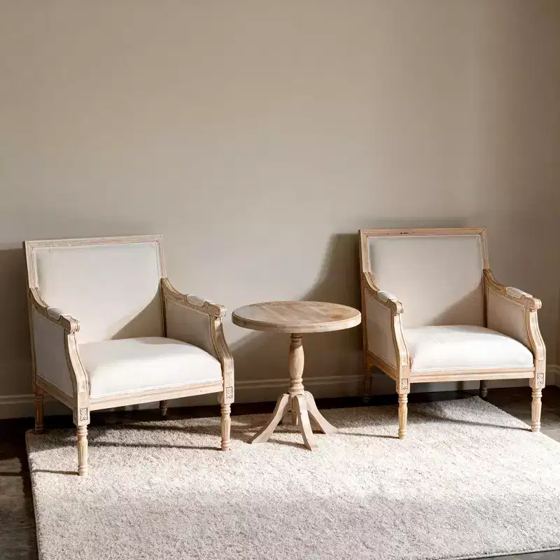 French Accent Chair, Traditional Wood Frame, Linen Upholstery, Distressed Finish, Single
