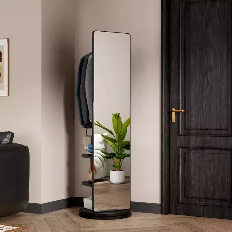 Modern Rotating Full Length Mirror with Functional Hook Coat Rack,Freestanding Floor Mirror for Bedroom,Dressing Room,Black