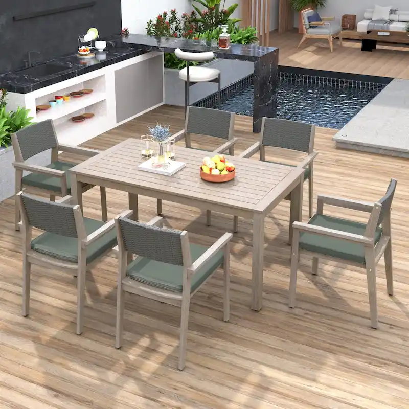 Outdoor Patio 7-Pieces Dining Set, Outdoor Dining Table with Acacia Wood Frame, Patio Dining Chairs with Rattan Backrest